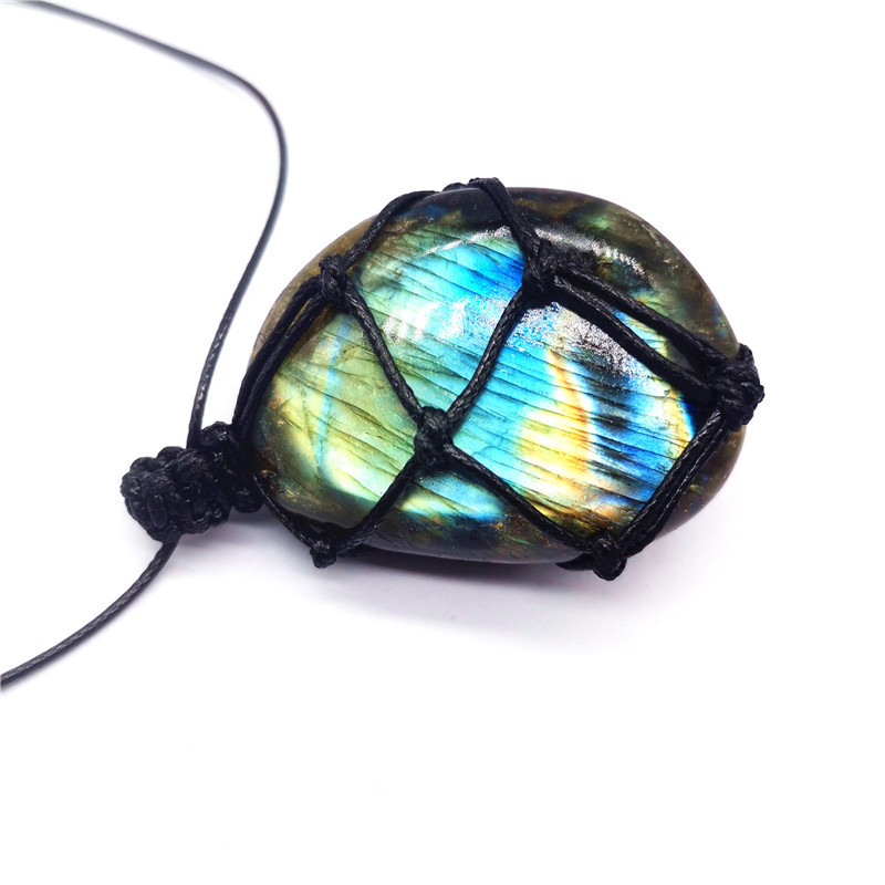 Natural Moonstone Labradorite Rough Stone Pendant Necklace Hand-woven Labradorite Net Bag Pendant