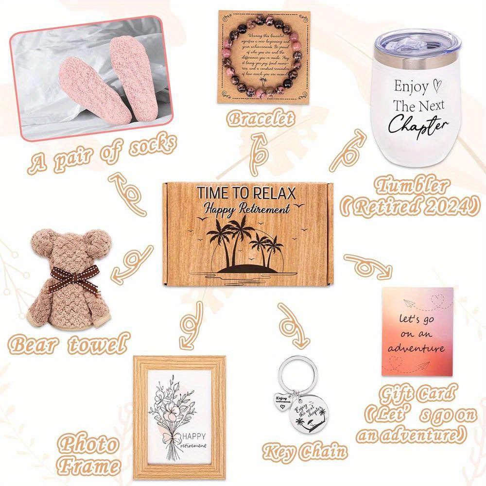 Retirement Gift Set for Women - Stainless Steel Tumbler, Bracelet, Plush Bear Towel, Socks, Picture Frame, Keychain & Inspirational Cards - Perfect for Teachers, Nurses, and Colleagues