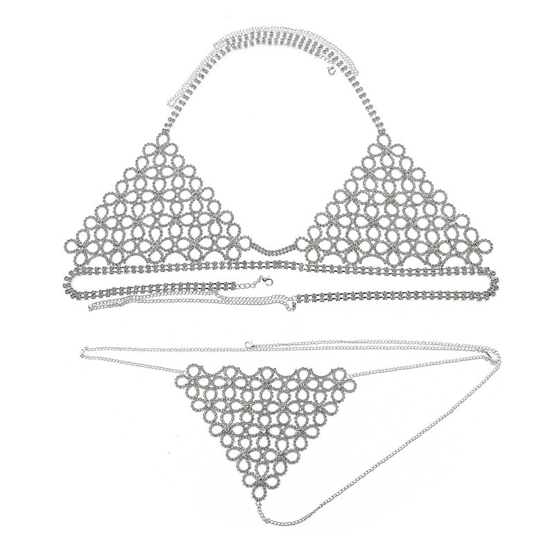 Rhinestone Hollow Flower Body Chain Bikini Set