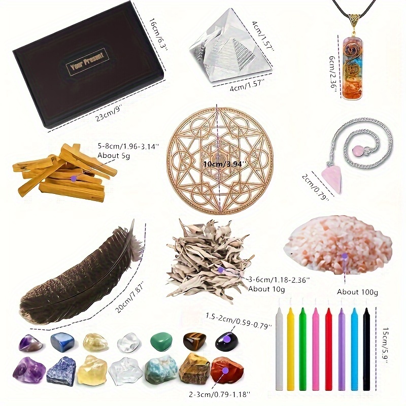 32/24PCS Crystals And Healing Stones Set, 7 Raw & Tumbled Chakra Stones, White Sage, Palo Santo, 2.82oz Crushed Stones, Necklace, 8 Magic Candles, Feather, Salt - Wooden Grid And Box For Beginners Meditation Yoga