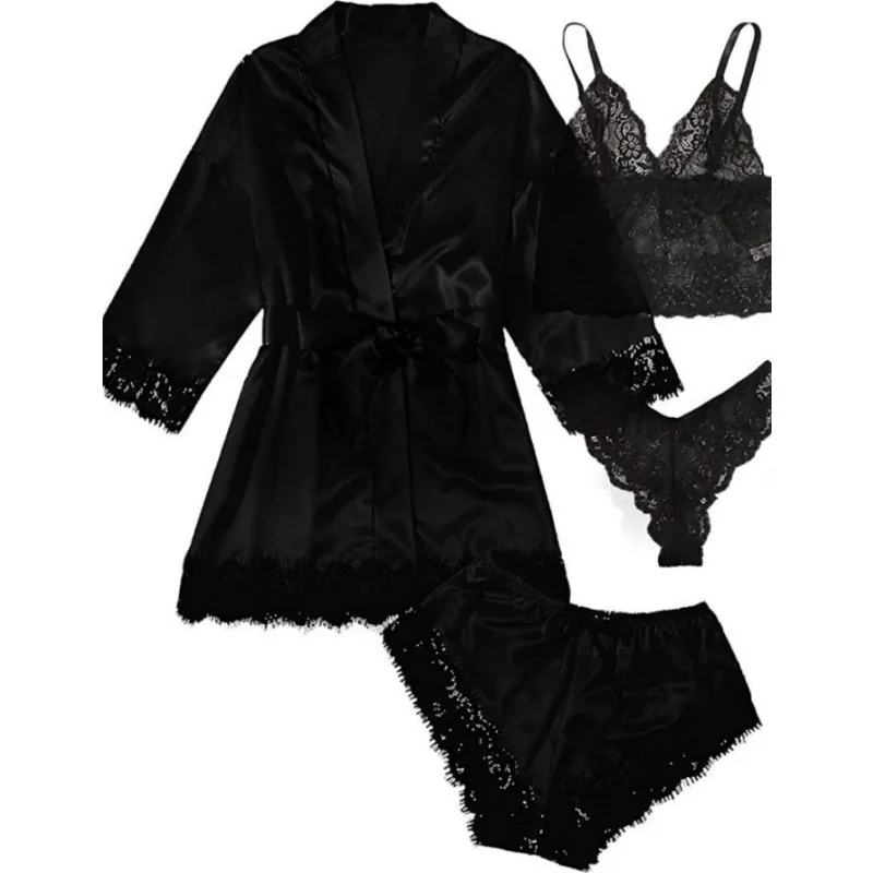 Black Sexy Women's Pajamas Satin 4-piece Lace Silk Suspender Tops Shorts Robe Pajamas Set Nightgown Underwear Nightdress Suit