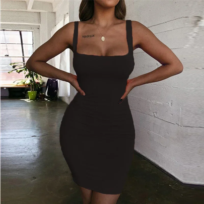 2024 Square Neck Sleeveless Shoulder Bodycon Mini Dress Basic Women Summer Black Backless Party Sexy Yellow Clubwear Dresses