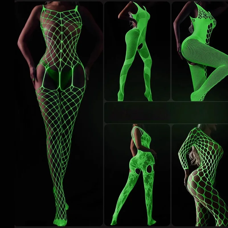 Glow-in-the-Dark Lingerie Bodysuit Sexy Hollow-out and Crotchless Fishnet Stockings