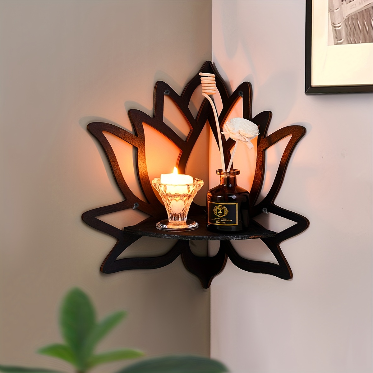 1PC Artistic Wooden Lotus Shaped Corner Rack Shelf - Wall Mounted, Painted Finish, Decorative Pendant Candle Holder, Room Divider, Art Deco Style, Versatile Home Decor for Various Room Types, Black Lotus Festival Inspiration